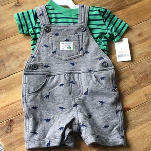 Dinosaur onesie and overalls